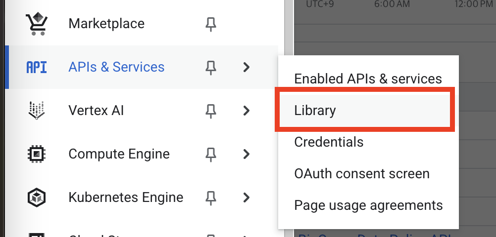 1) 왼쪽 메뉴에서 'API & Services' > Library 클릭