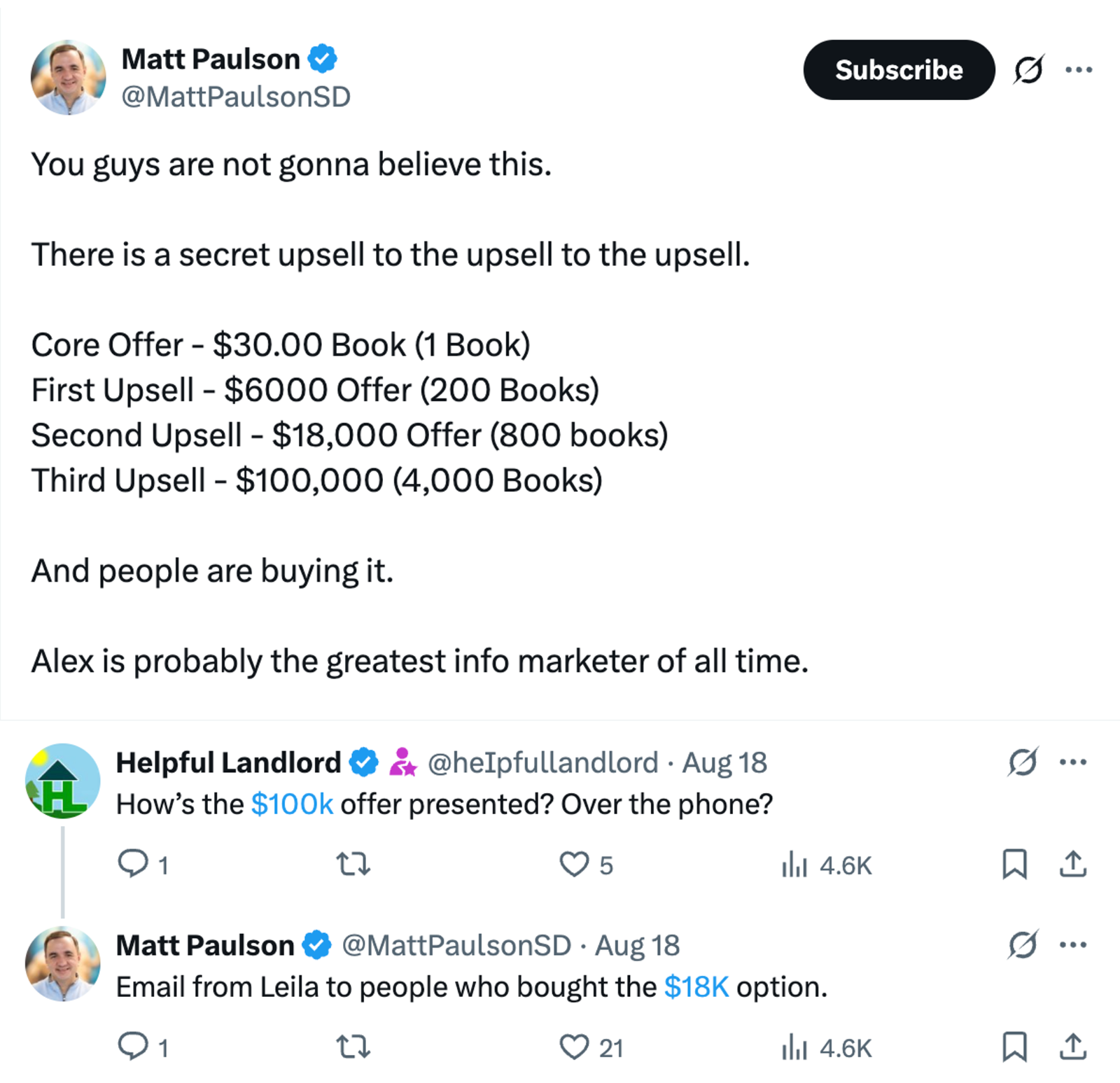 비밀 업셀을 구입했다고 주장하는 Marketbeat의 창립자 MattPaulson(출처: MattPaulsonSD의 X)