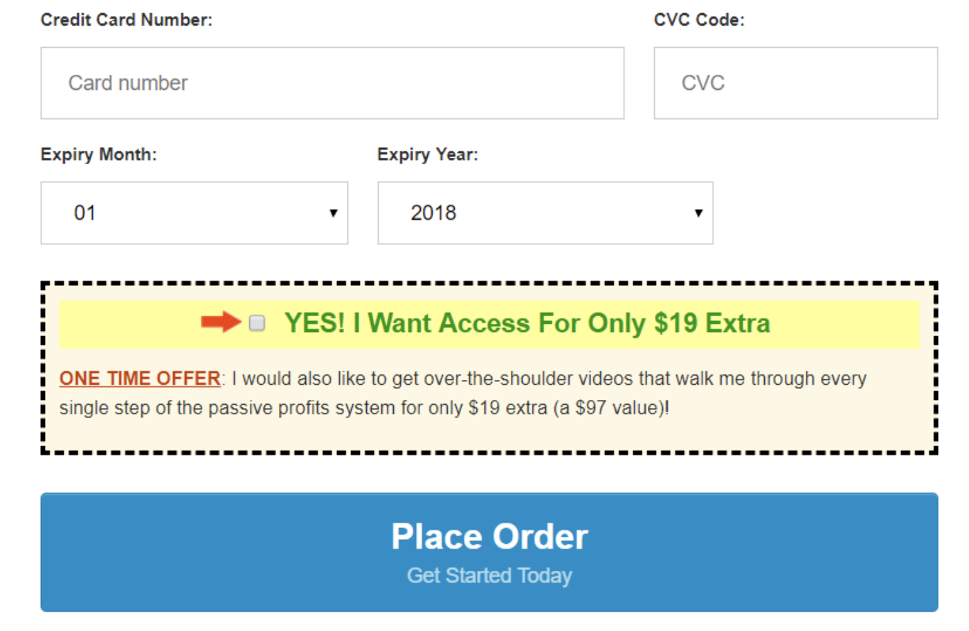 러셀 브런슨이 대중화한 '오더 범프' 전략의 대표적인 예시. 고객이 결제 직전 단 한 번의 클릭으로 추가 구매를 하도록 유도하는 기법이다.