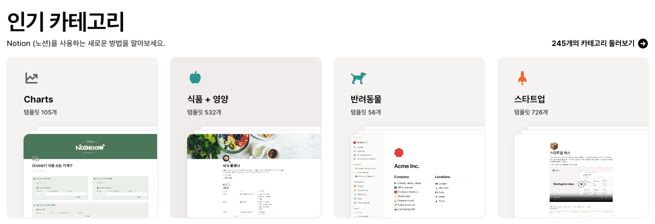 노션 공식 템플릿 갤러리에 가보면 차트 카테고리가 존재합니다. (출처: https://www.notion.so/ko/templates)