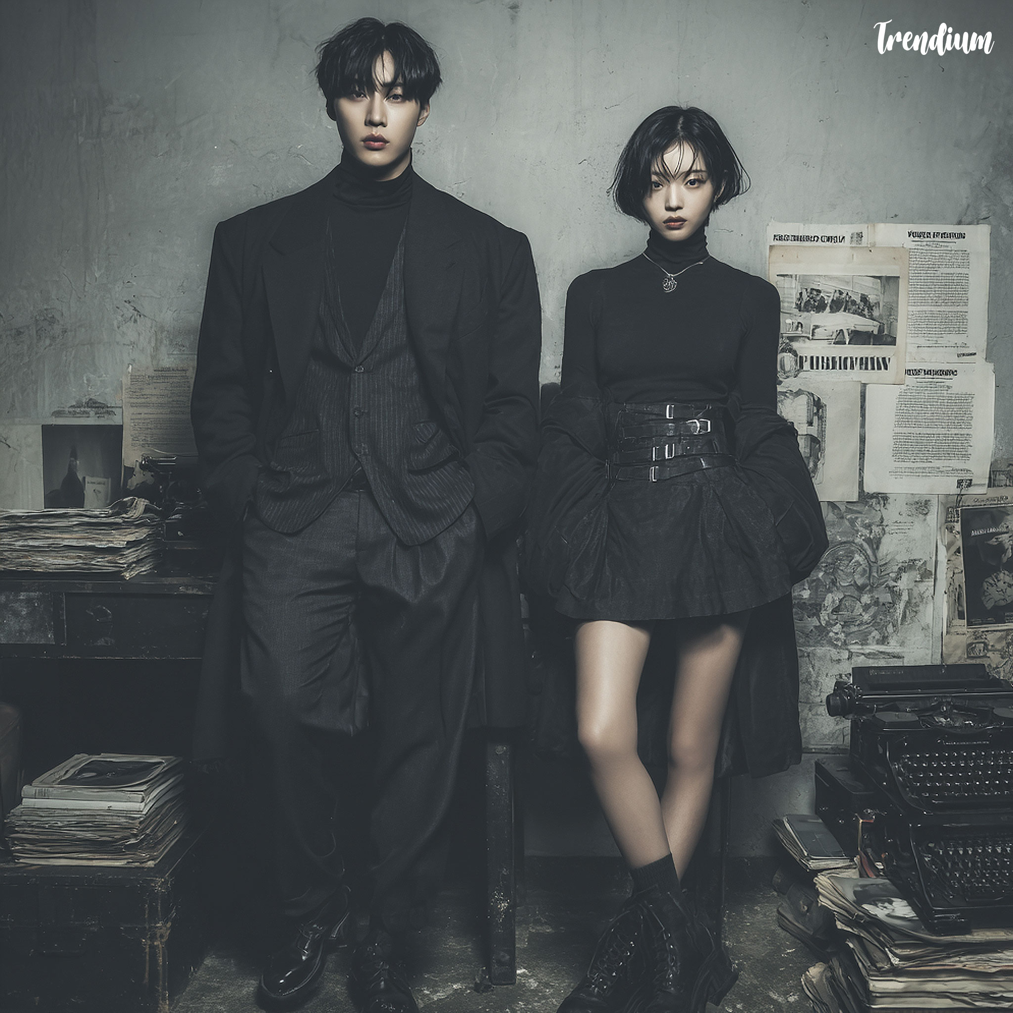 [prompt] KPOP idol fashion concept inspired by Beatnik generation, one male and one female model, dressed in dark monochrome outfits, surrounded by typewriters, books, jazz posters, performing in moody underground setting, stylish choreography-inspired pose --stylize 200