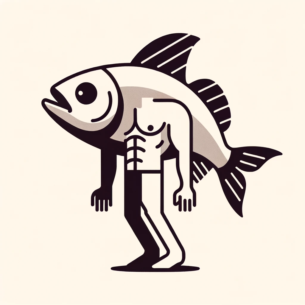 Illustration in minimalist style showcasing a fish with a human torso and limbs, but maintaining its original fish head. The background is plain, placing emphasis on the abstract form of the character, and uses negative space to highlight the subject.