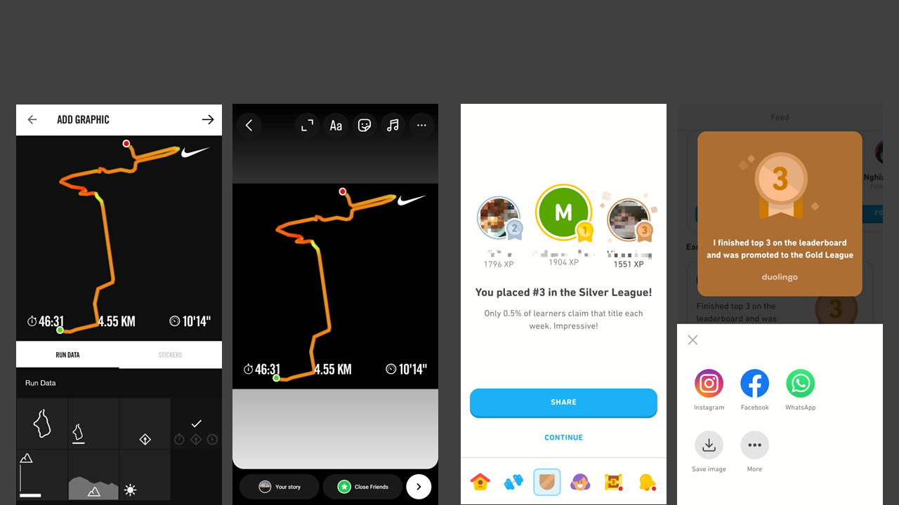 좌 : Nike Run Club, 우 : DuoLingo / 결과물 소셜미디어 공유 및 사용자 간 경쟁 유도