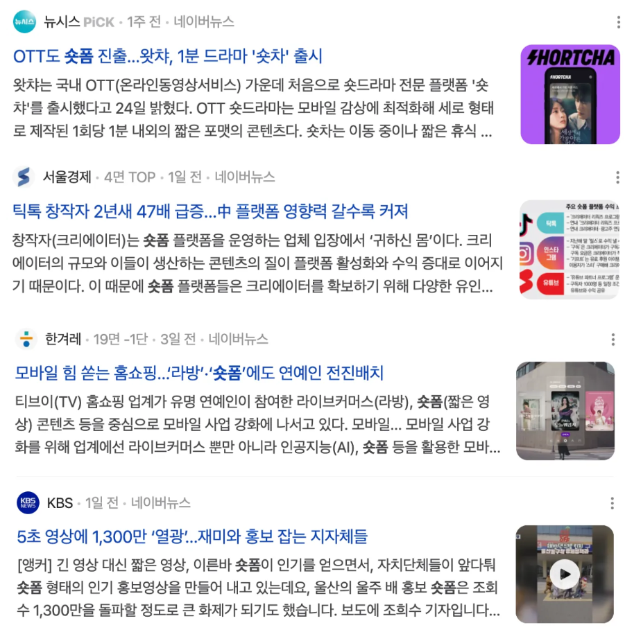 숏폼 관련 뉴스 캡쳐