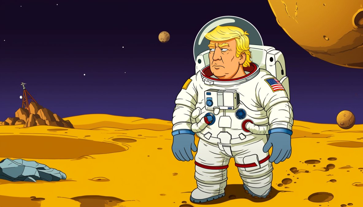 Donald Trump as a Family Guy character, wearing space suit, walking in the moon, deep space background --niji 6 --ar 7:4 --s 50