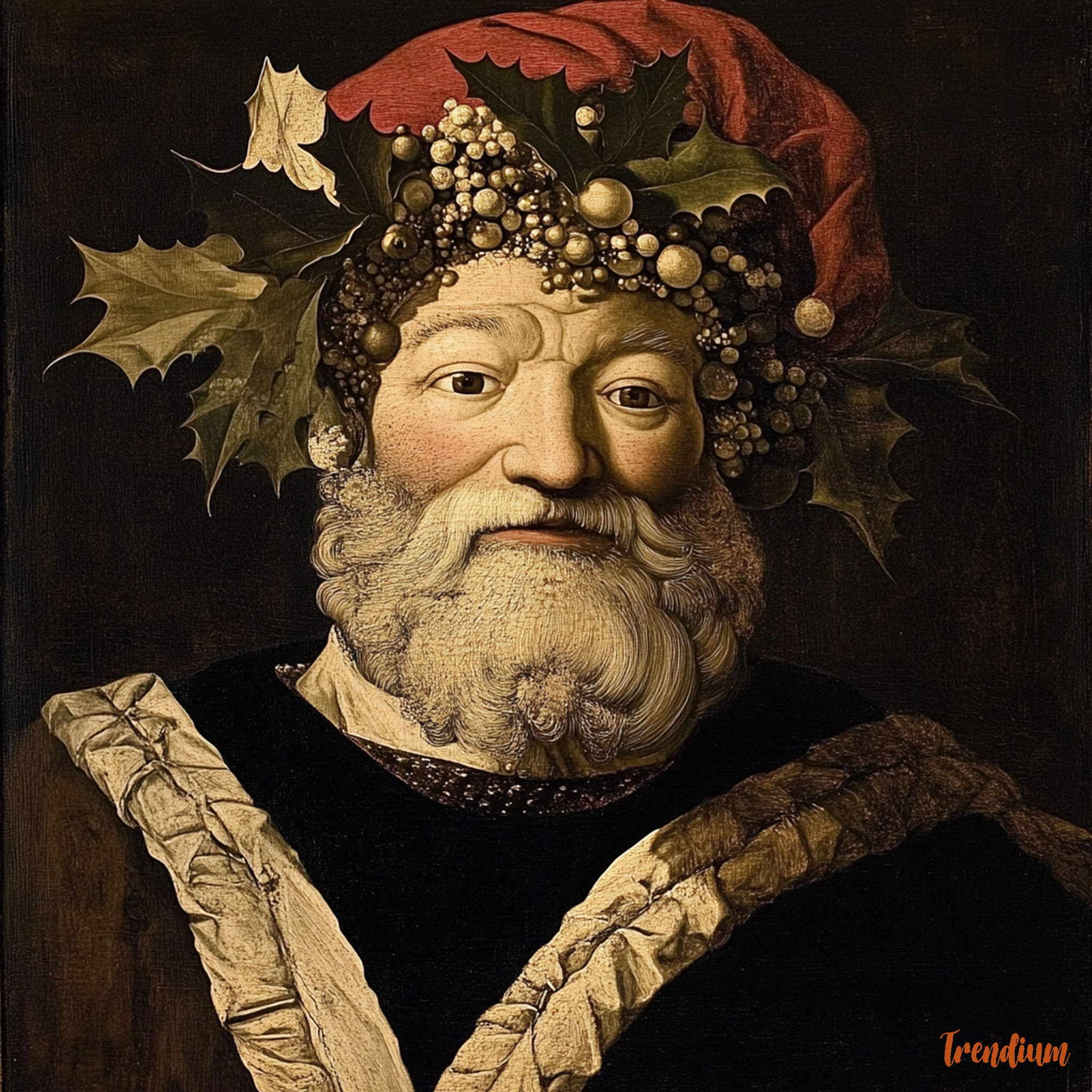 [prompt] giuseppe arcimboldo, Pareidolia art, Portraits of Santa Claus Form, Surrealism, 16th Century Painting Art with Combinations of Christmas ornaments. no human --sref 678841180