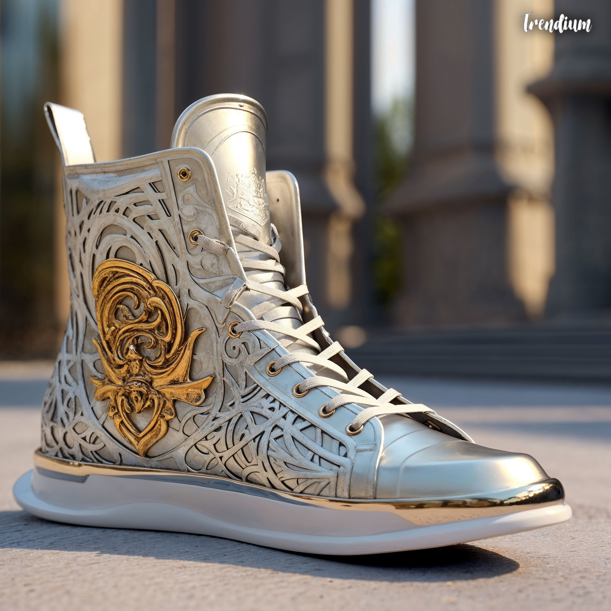 Modern Men's Sneaker Fashion Design Inspired by Medieval Knight's Armor and Clothes, silver, gold, high quality