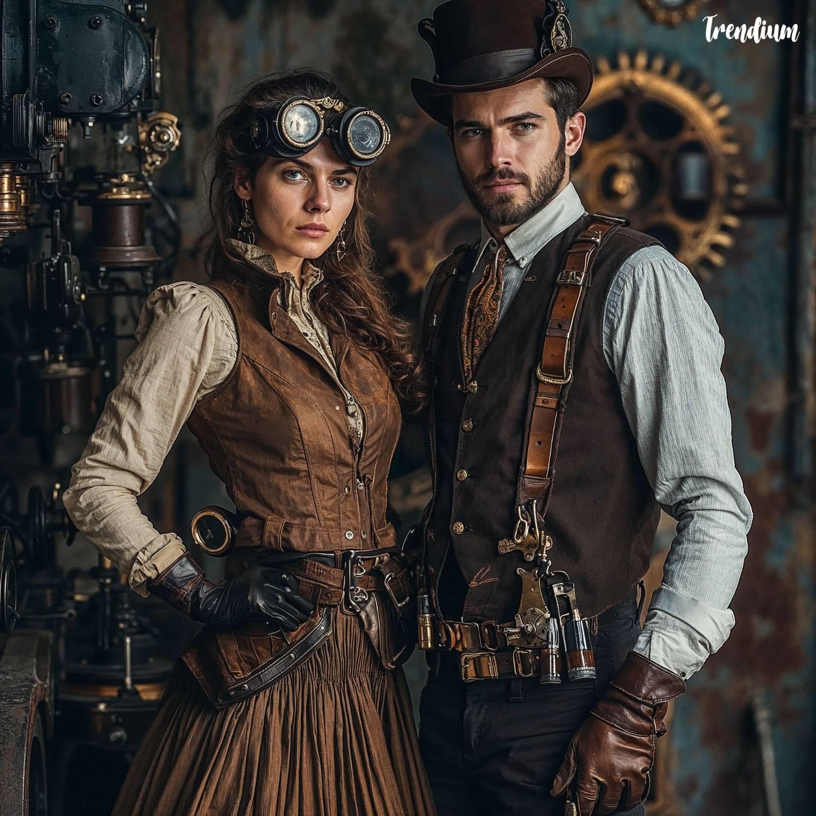 [prompt] Create a high-fashion steampunk photoshoot featuring both a male and a female model, showcasing inventive and functional steampunk engineer attire. The female model wears a tailored, high-collared utility coat with brass buckles and multiple pockets, layered over a long, pleated skirt with mechanical embellishments. Her accessories include leather gloves, a tool belt with vintage brass tools, and protective goggles perched on her head, evoking the look of a skilled inventor. The male model is dressed in a rugged leather vest over a fitted shirt with rolled-up sleeves, paired with brass suspenders and utility belts holding small mechanical tools. He also wears fingerless gloves and a top hat equipped with lenses and magnifying tools, symbolizing the detailed work of an engineer. Both models are set against an industrial backdrop of steam-powered machinery, gears, and warm metallic lighting, giving the scene a functional yet stylish, editorial look.