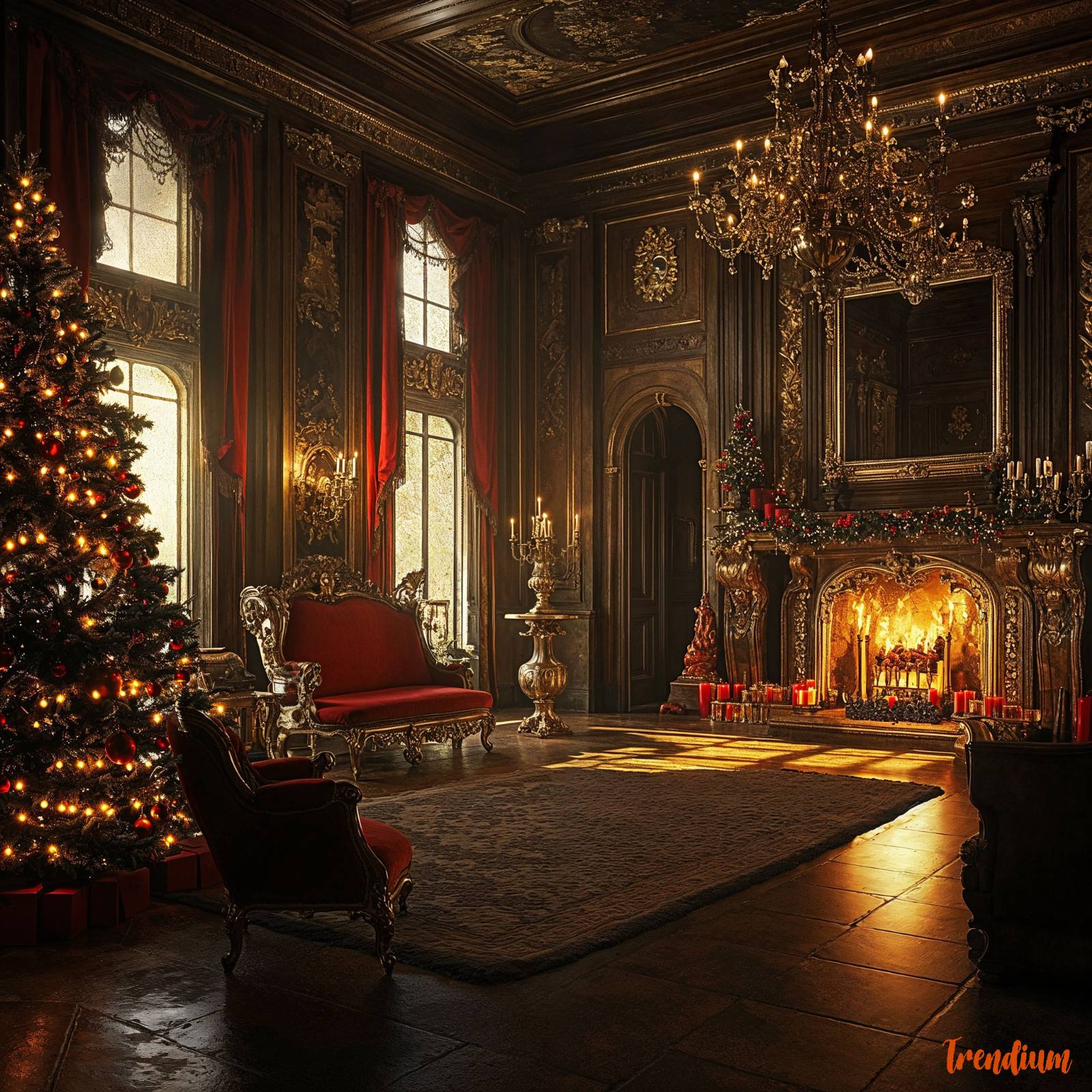 [prompt] Baroque style interior, Christmas room. Happy atmosphere. cinematic