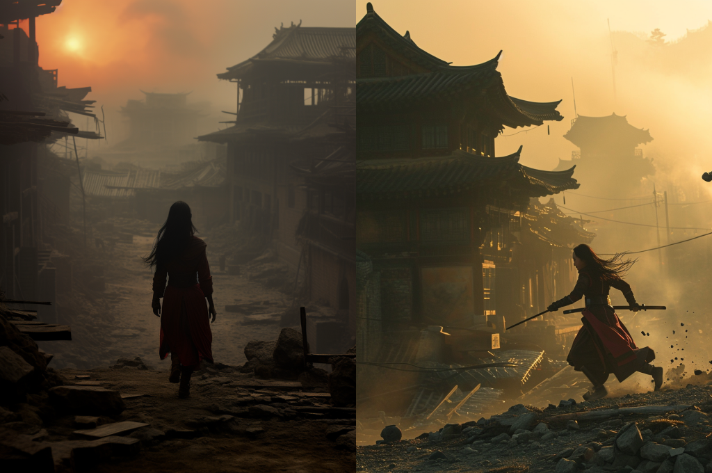 inematic still by Denis Villeneuve, a korean female sword master is running at the ruined city, cinematic lighting