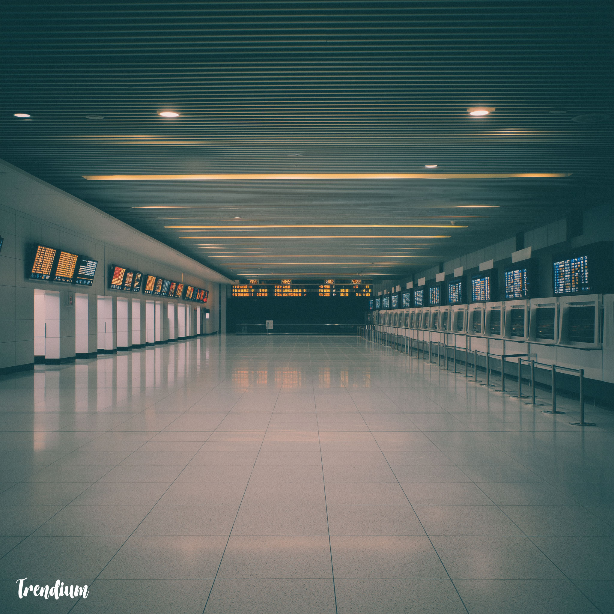 [prompt] abandoned Incheon International Airport terminal at night, dim yellow lighting, flickering flight information boards, empty check-in counters, endless corridors, cold tiled floor, eerie silence, liminal space, analog horror, VHS texture, surreal architecture, no people --v 7 --weird 10