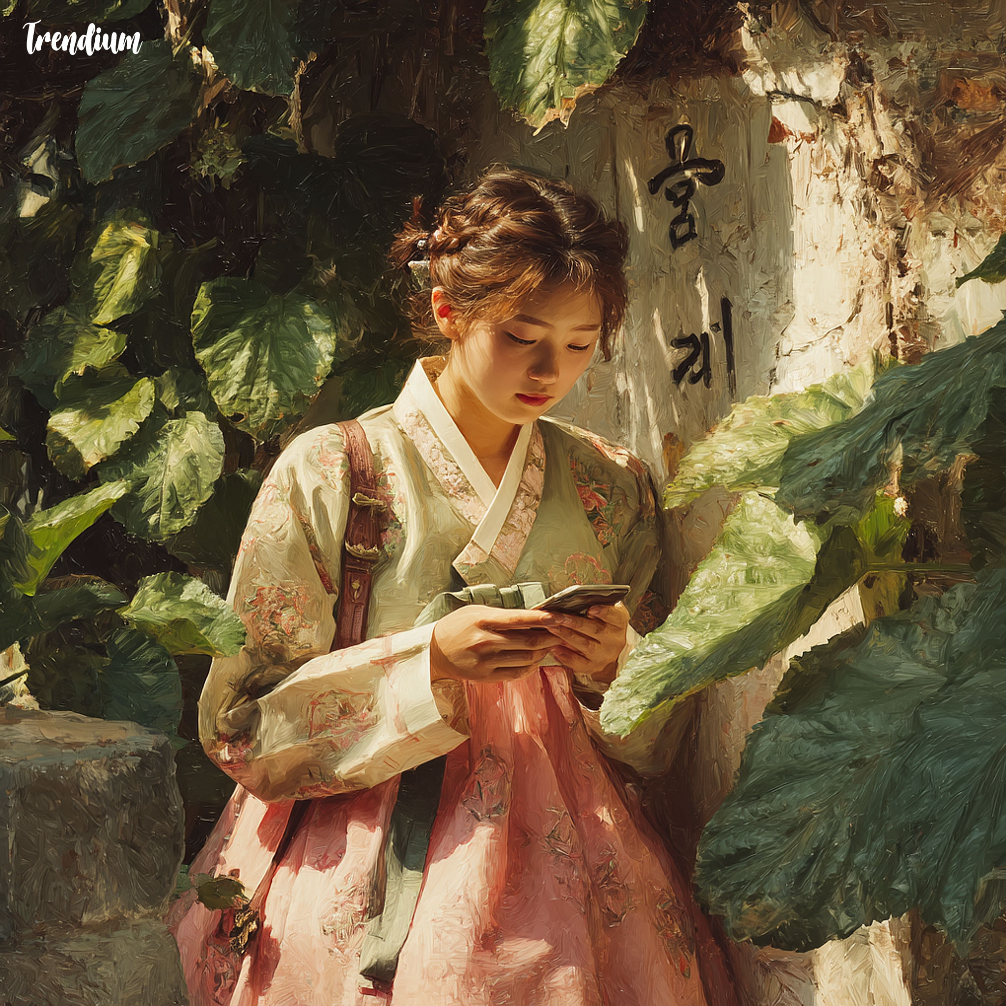 [prompt] A Korean woman in a pastel hanbok checking her phone in a quiet alley, pre-raphaelite style, soft golden-hour lighting, detailed textile folds, oil painting texture, romantic realism, natural foliage background --v 7 --stylize 200