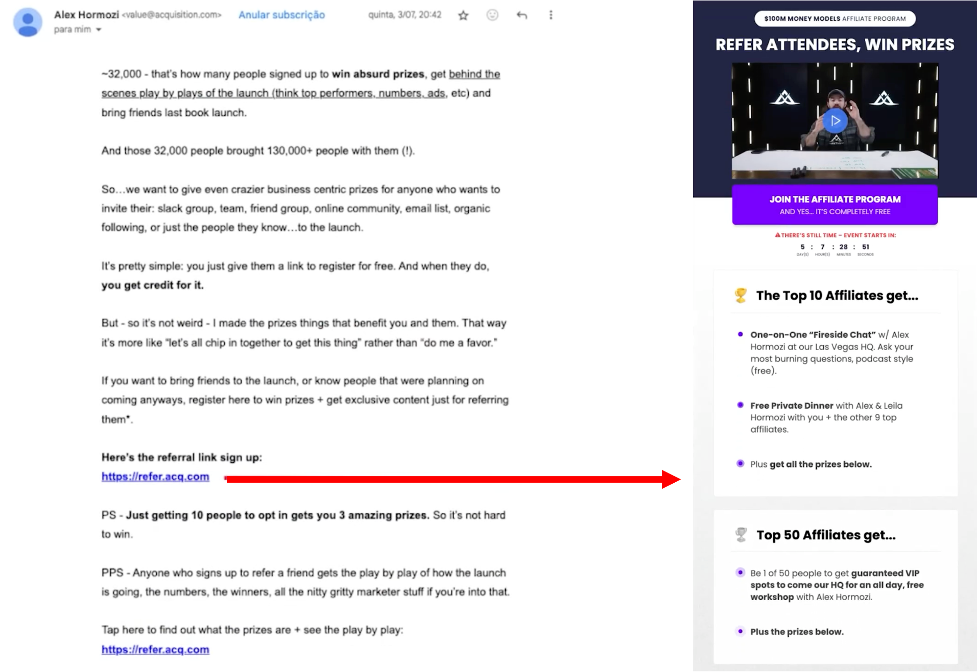 알렉스 호모지의 1억 달러 론칭을 성공으로 이끈 제휴 마케팅 프로그램이 상위 추천인들에게 그와 직접 만날 수 있는 특별한 저녁 식사 등 파격적인 보상을 제공했음을 보여준다.