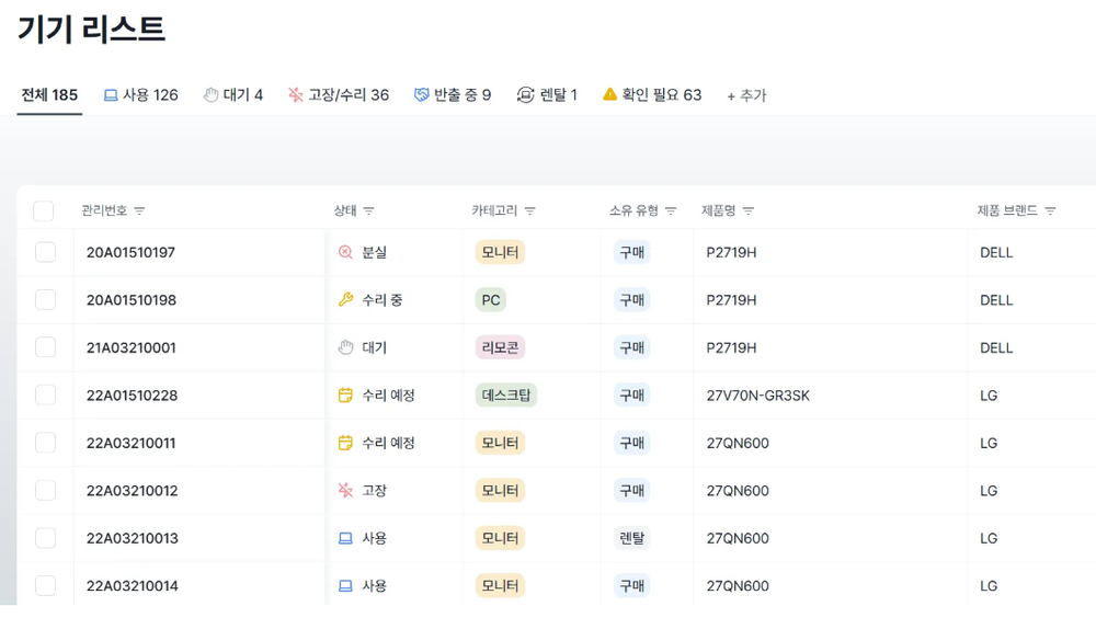 사내 IT 기기 리스트를 한눈에 확인할 수 있습니다. 