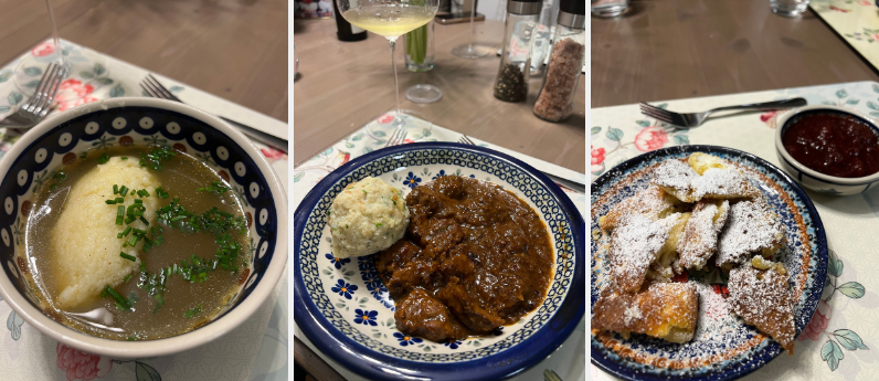 왼쪽부터 차례대로, 전식 수프, 본식 굴라쉬, 후식 팬케이크