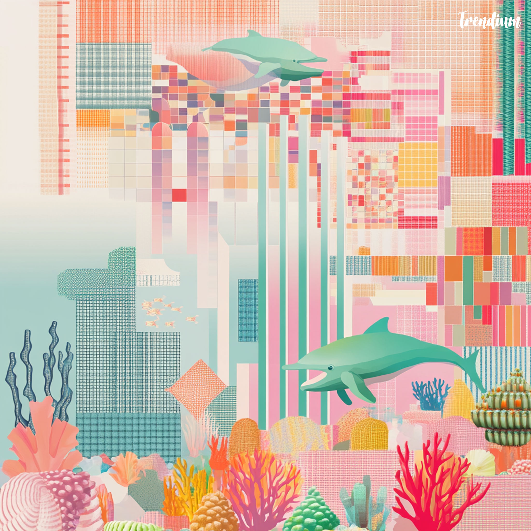 [prompt] Dreamlike Y2K seapunk scene with mint green dolphins, glitter seashells, pixelated coral reefs, and floating digital windows from 1995 --sref 2620966588