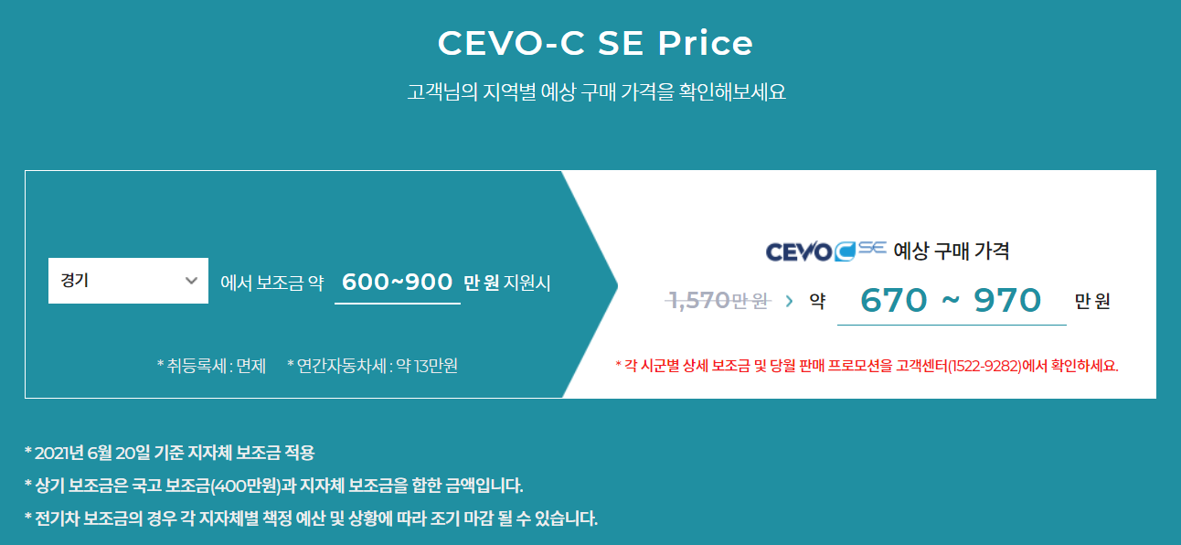 CEVO-C SE 예상 구매 가격, 출처: 쎄보모빌리티 홈페이지