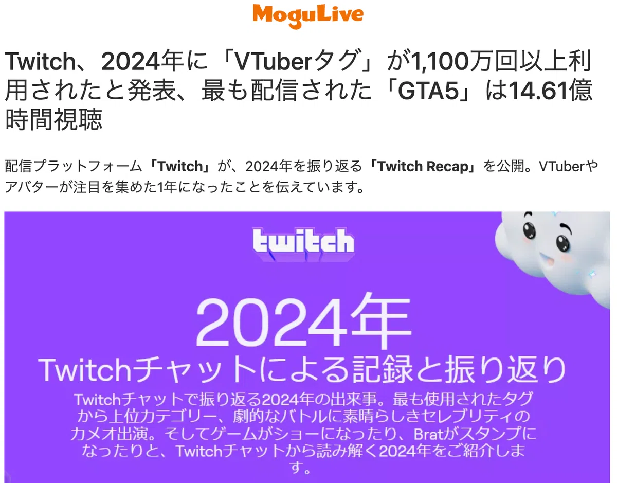 트위치는 2024년에 '버튜버 태그'가 1,100만 회 이상 사용됐다고 발표 / 가장 많이 방송된 'GTA5'는 14억 6,100만 시간 시청됐다고 밝혔다.