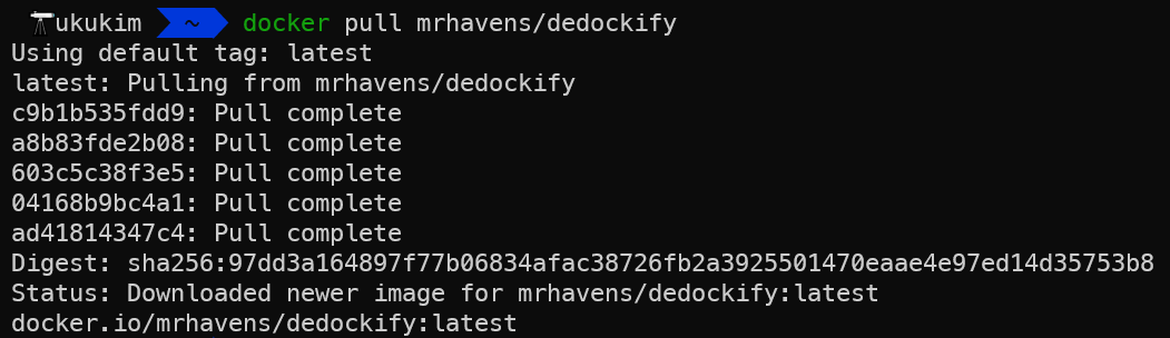 docker pull mrhavens/dedockify 명령어로 Dedockify의 공식 Image를 가져옵니다.