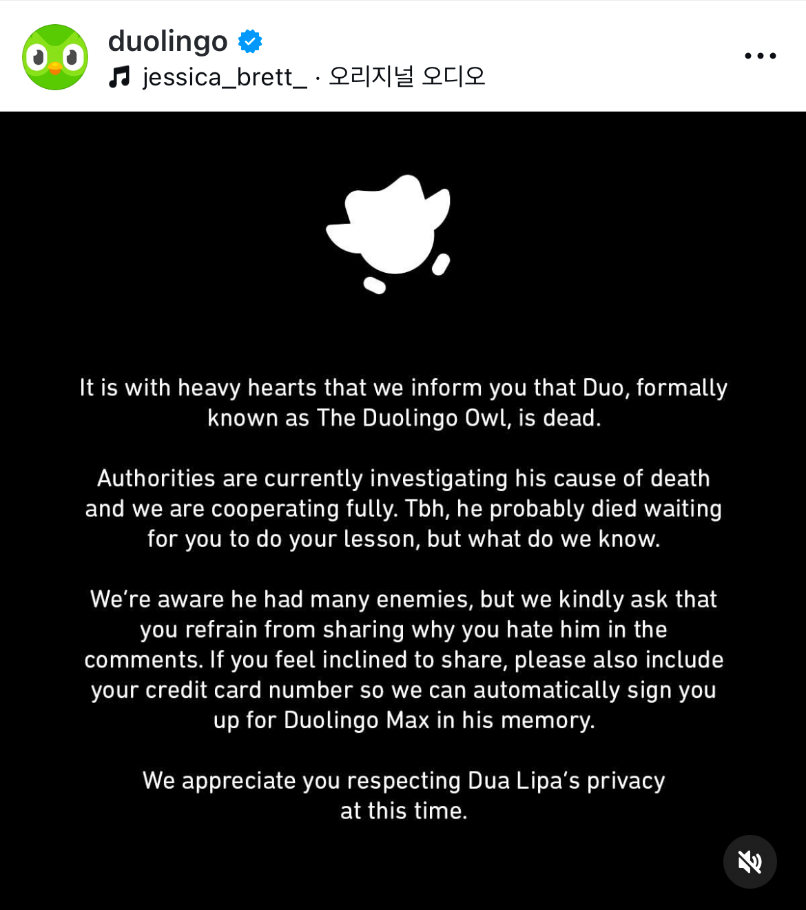 [출처: 듀오링고 인스타] 듀오 사망 소식.