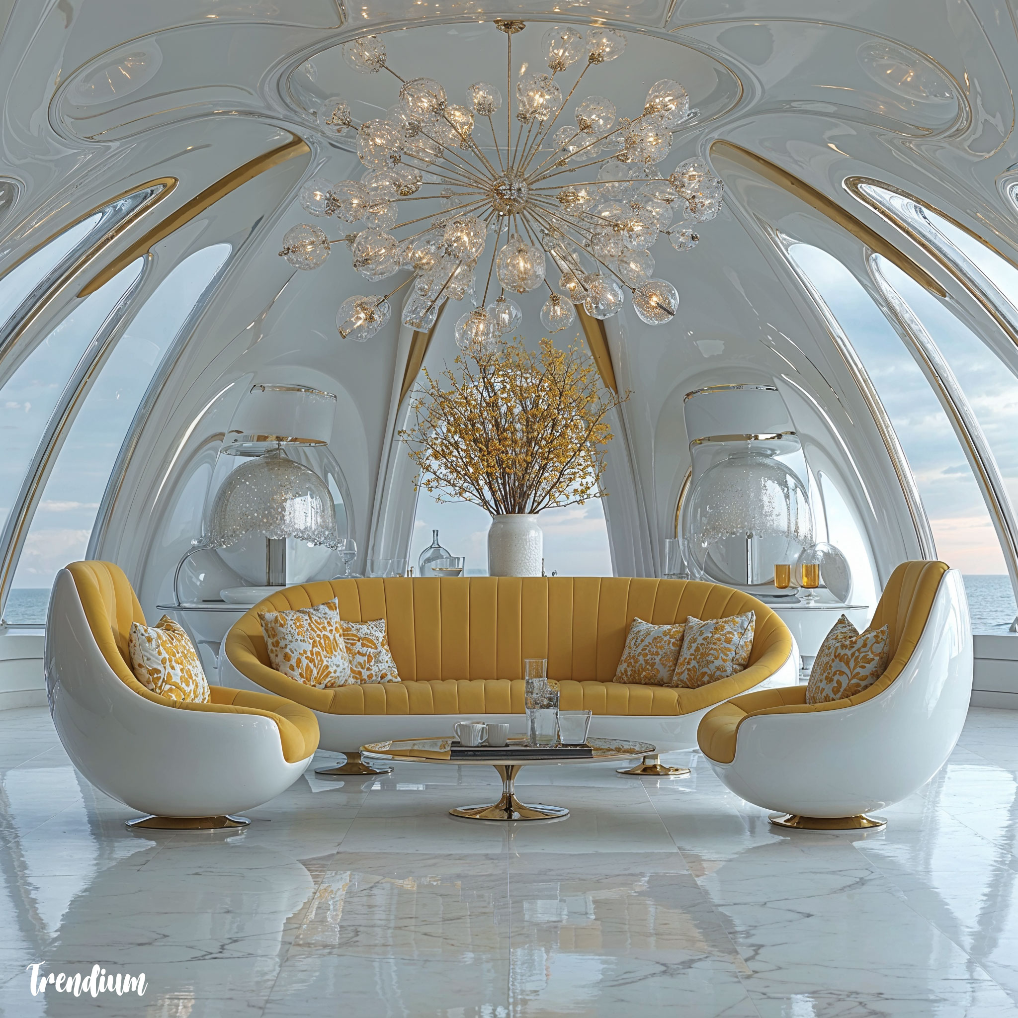 [prompt] mid-century modern living room, Sputnik-inspired furniture, tulip chairs, curved lines, chrome and white plastic, retro futurism --chaos 4 --exp 15 --style raw --v 7 --stylize 200