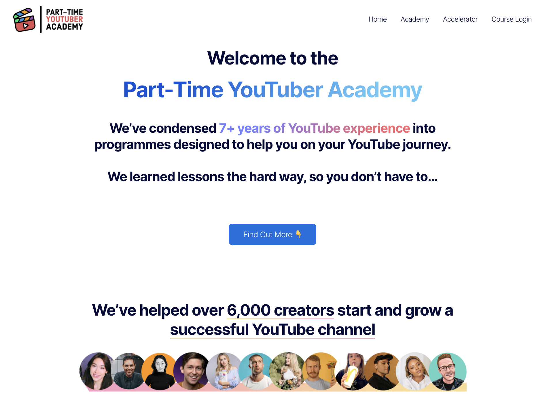 Part-Time YouTuber Academy 의 랜딩페이지